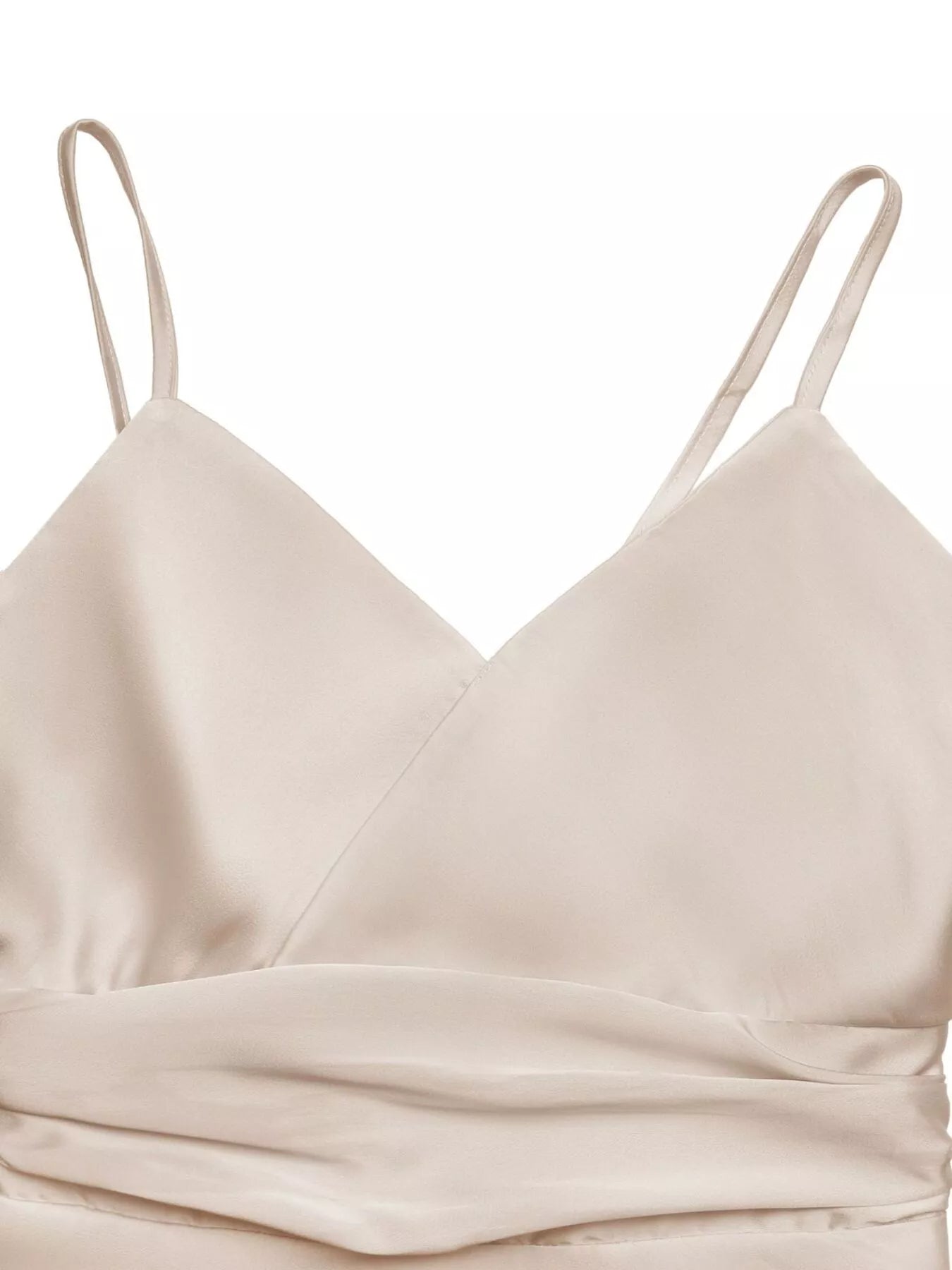 Beige satin dress with thin straps on a white background